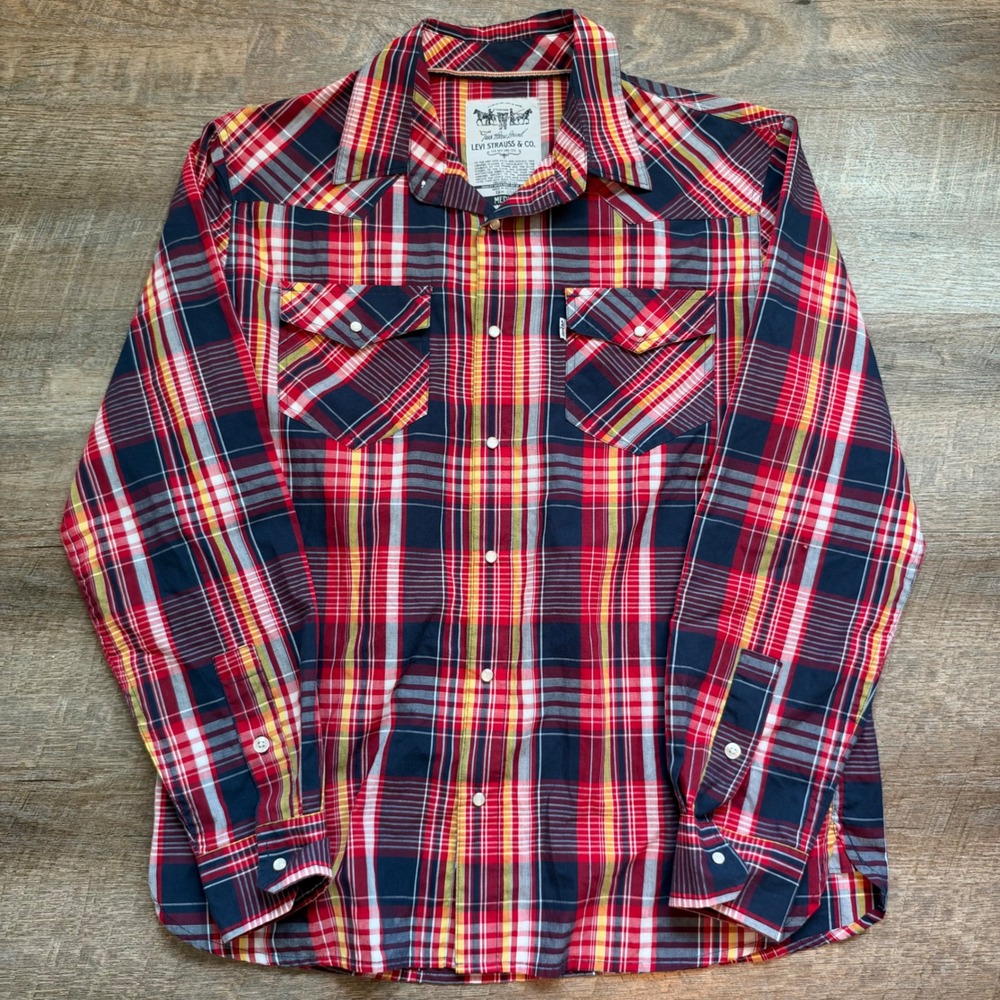 Levi Strauss Cowboy Western Shirt Medium Red Plaid Pearl Snap Rodeo
